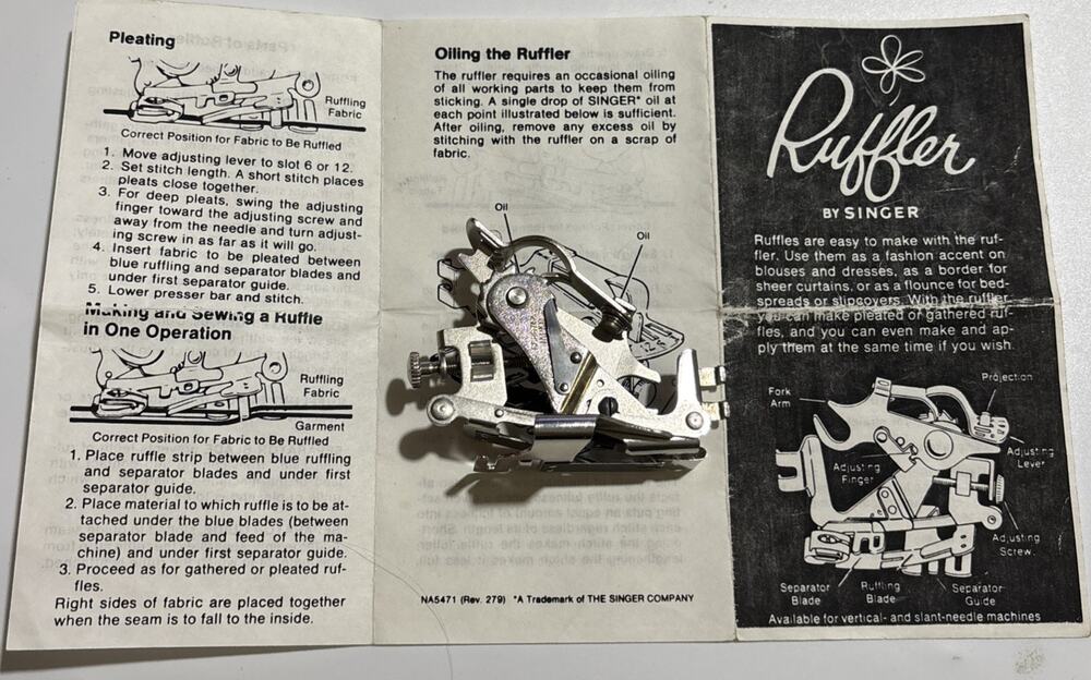 Vintage Singer Sewing Machine Ruffler With Instructions